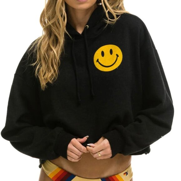 Aviator Nation Smiley 2 Relax Cropped Pullover Hoodie | Sz: Sm | Color: Black - Picture 1 of 10